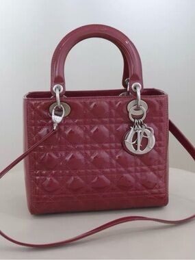 🚩steal Dior Glossy Raspberry Patent Lady Dior Mini Tote